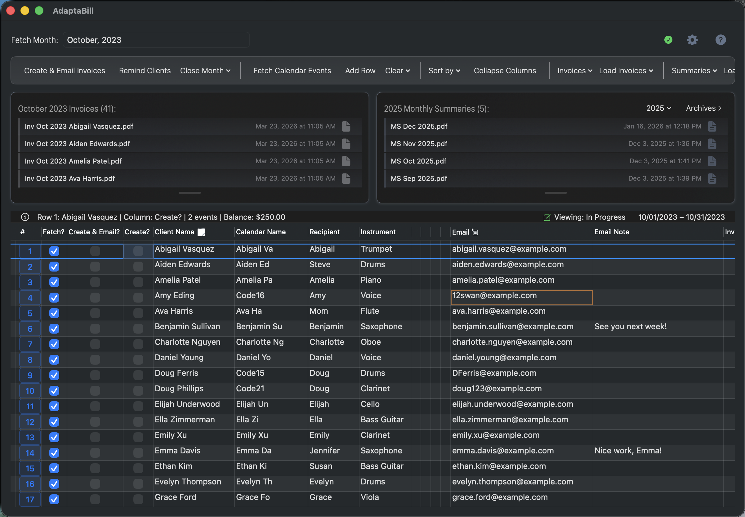 AdaptaBill app interface showing client spreadsheet, invoice panel, and billing tools